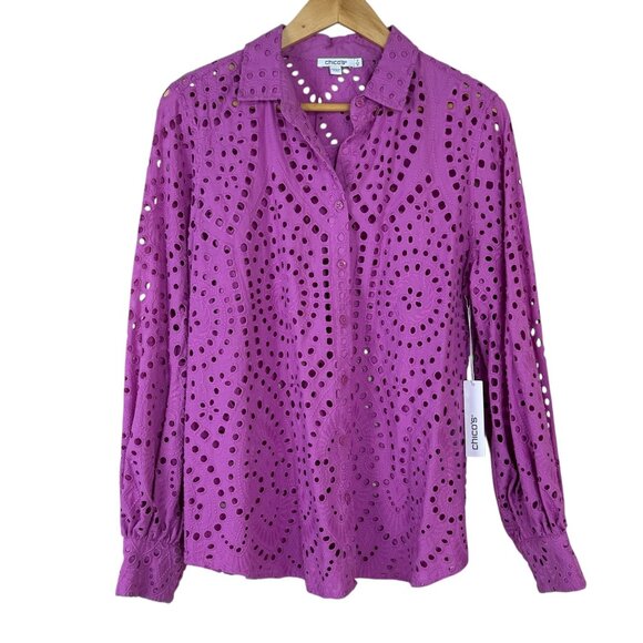 Chico's Tops - Chico's NEW Kalmia Pink Eyelet Lace Button Up Shirt Chico's Sz 2 (US Lrg 12/14)
